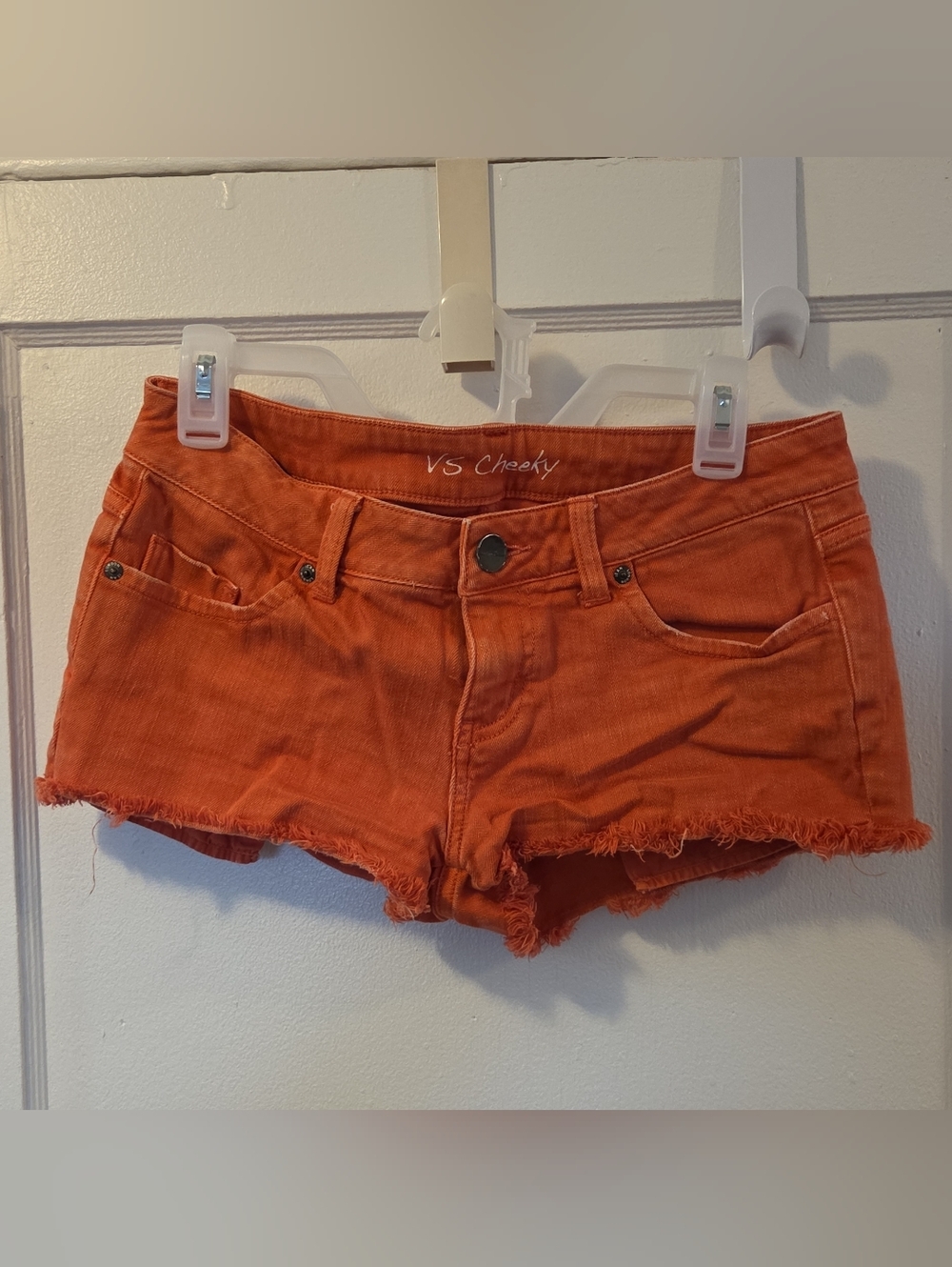 LONDONJEAN Orange Denim Frayed Hem Jean Shorts